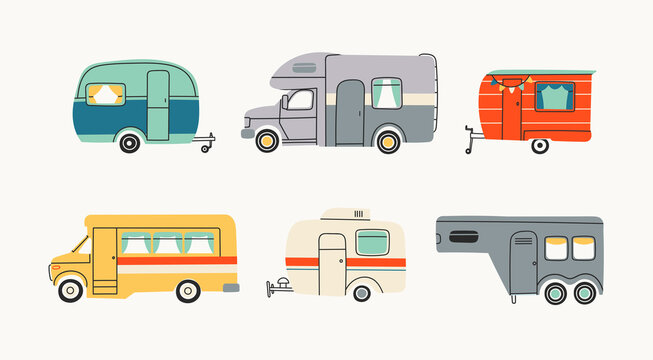 Colorful Campers RV. Various road home Trailers. Recreational vehicle. Camping caravan cars. Holiday trip concept. Mobile home for country and nature vacation. Vector set. Hand drawn illustrations