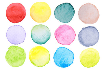 watercolor brush paint circles shape with a hand drawn in the paper on white background
