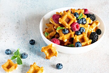 Tiny (Mini) waffles waffles with berries in a white bowl on a light background.