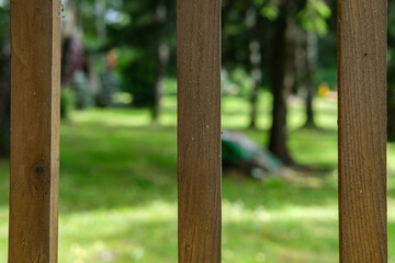 Close-up: view of a lawn with green grass and sparsely growing trees, through a picket fence at large intervals.