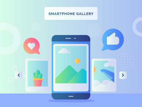 Smart phone gallery concept screen computer viewing mountain cactus window plane picture get like love with flat style