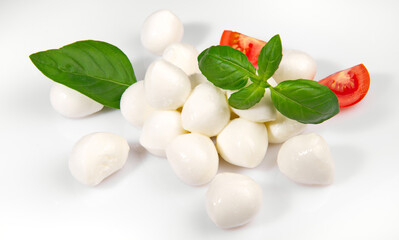Cherry Tomato with Baby Mozzarella and Basil isolated on white Background