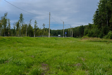Fototapeta na wymiar A view of the road with electric poles and a clearing with green grass, and against the backdrop of dense forest and lonely trees.