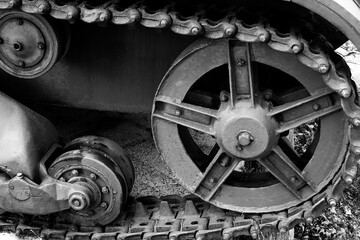 Obraz na płótnie Canvas Old tank close up. Detail of track. Black and white image.