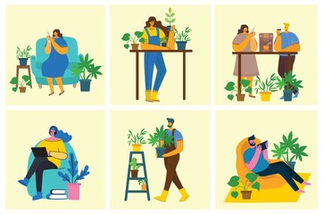 Young man and woman gardener holding a flower pot. Vector illustration in a flat style