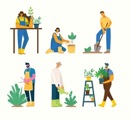 Young man and woman gardener holding a flower pot. Vector illustration in a flat style