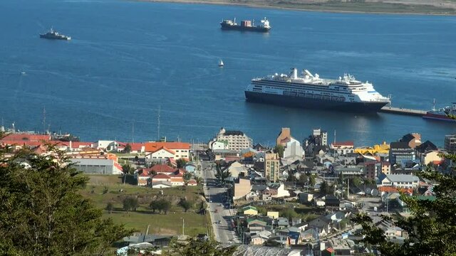 Elevated view of Ushuaia the capital of Tierra del Fuego, Antartida e Islas del Atlantico Sur Province, Argentina. Cityscape with the harbour