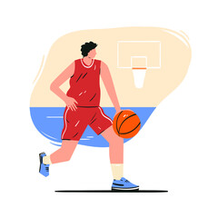 Fototapeta premium Basketball player isolated on white vector design. Cartoon illustration of man dribbles. Sportsman in uniform background