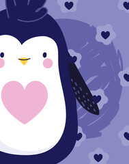 penguin antarctic bird animal cartoon wildlife purple hearts background decoration