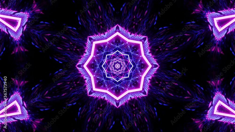 Sticker digital illustration of purple neon lights in a symmetrical mandala shape on a black background