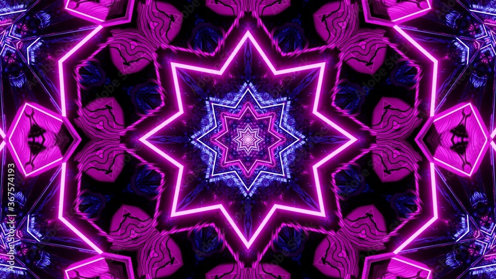 Sticker Graphic illustration of purple neon lights in a symmetrical mandala shape on a black background