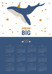 Kids calendar for 2020 year. Cute calendar for 2021 year. Baby cartoon calendar. Cute whales vector illustrations. Doodle calendar set with dolphin, clouds, sea animal, ocean, rainbow, stars, pink.