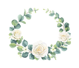 Watercolor vector hand painted wreath with green eucalyptus leaves and white roses.