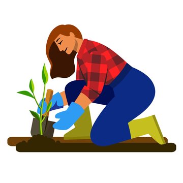 girl plants a plant in the soil flat illustration. gardener at work