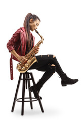 Naklejka premium Female musician sitting on a chair and playing a saxophone