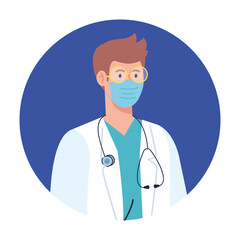 professional doctor wearing medical mask in frame circular vector illustration design