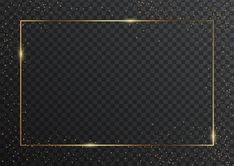 Thin rectangular golden geometric border and confetti on dark transparent background. Glossy banner with copyspace. Vector elegant colorful wallpaper design
