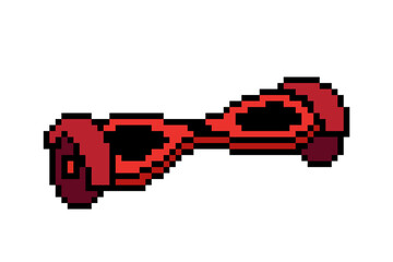 Red self-balancing scooter, pixel art icon. 8 bit hoverboard symbol. Gyroscooter logo. Eco city personal transporter.