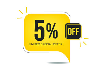 5% off limited special offer. Banner with five percent discount on a yellow square balloon.