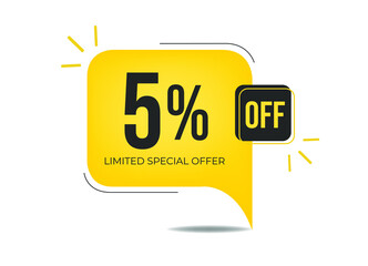 5% off limited special offer. Banner with five percent discount on a yellow square balloon.