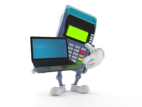 Credit card reader character holding laptop