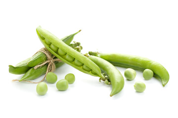 Green pea pods isolated on white background