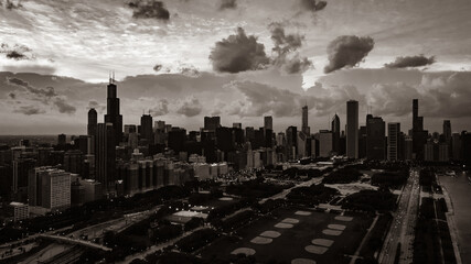 Chicago city skyline sunset black dark tones