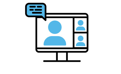 Video conference icon. People on computer screen. Home office in quarantine times. Internet virtual teaching media. Digital communication