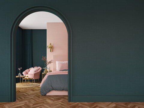 Bedroom interior.Art deco style.Green pink and gold color.Design with arch wall.3d rendering