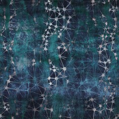 Seamless blue texture grungy repeat pattern swatch. Highly textured and incredibly intricate turquoise, indigo, and cream mixed media design. Bleeding ink pigment. Realistic wrinkled fabric grain tile