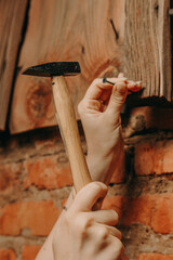 The hand of a beautiful girl holds a hammer. The girl hammers a nail.