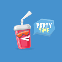 vector funny cartoon cute red party paper cola cup with straw and sunglasses isolated on blue background. funky smiling summer drink character