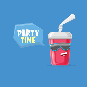 vector funny cartoon cute red party paper cola cup with straw and sunglasses isolated on blue background. funky smiling summer drink character