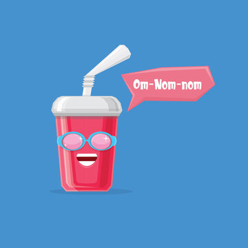 vector funny cartoon cute red party paper cola cup with straw and sunglasses isolated on blue background. funky smiling summer drink character