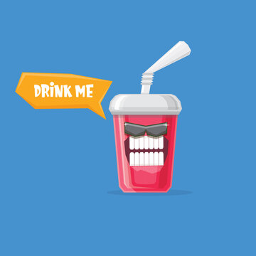vector funny cartoon cute red party paper cola cup with straw and sunglasses isolated on blue background. funky smiling summer drink character