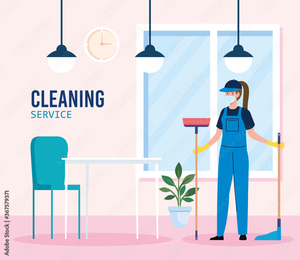 Wall mural cleaning service, woman worker of cleaning service wearing medical mask in the restaurant vector ill