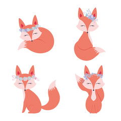 Cartoon vector red fox set, isolated on white background hand drawn illustration for kids fashion artworks, greeting cards