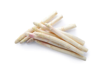 Pile of fresh raw asparagus isolated on white, top view