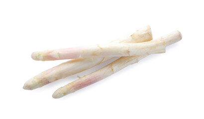 Pile of fresh raw asparagus isolated on white, top view