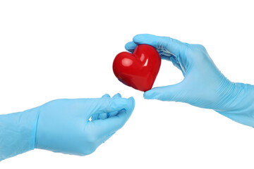 Doctor hands in gloves holding red heart on white background