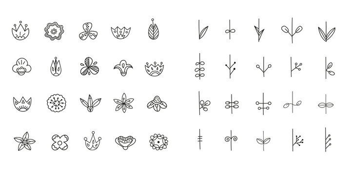 A big set of hand-drawn black floral graphic elements.Scandinavian flowers and botanical elements in doodle style. Vector illustration.