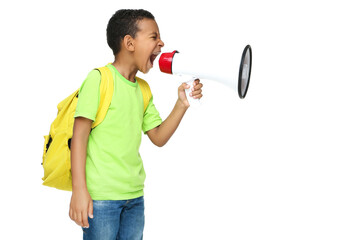 Young African American school boy screaming in megaphone with backpack on white background
