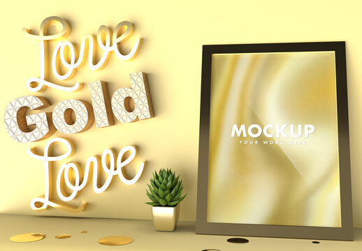Frame Mockup with Floral Succulent and Love Gold Love Sign 