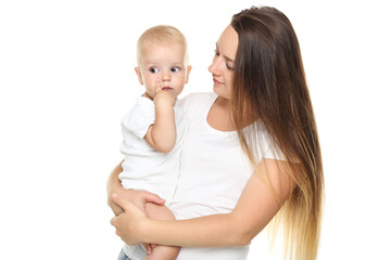 Young mother with baby boy isolated on white background
