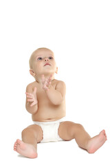 Beautiful little boy in diaper isolated on white background