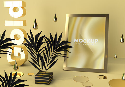 Frame Mockup with Floral Black Palms and Gold Sign