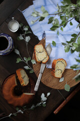 Table setting for a dinner. Cake. Slices of homemade pie on a tortoise maker. Sweet pastries.