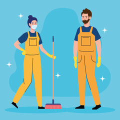 couple workers of cleaning service, with broom vector illustration design
