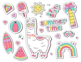 Fashion patch Badges stickers with cute llama, rainbow, diamond, surfboard, palm tree, ice cream, summer time, watermelon on a pink background