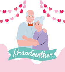 happy grand parents day with cute older couple and hearts decoration vector illustration design